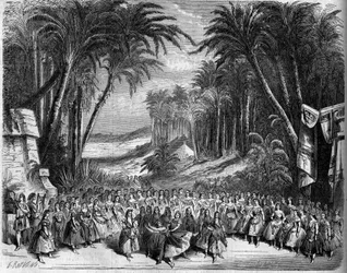 Representação de uma ópera: Cenografia do Acto II de "A Rainha de Saba" num libreto de Michel Carre (1819-1872) e Jules Barbier (1822-1901) e uma música de Charles Gounod (1818-1893). Paris, Teatro de l