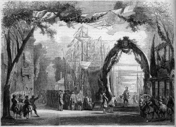 Representação de uma ópera: Cenografia do 1º ato de "Le Chateau Trompette", baseado em um libreto de Eugene Cormon (1811-1903) e Michel Carre (1822-1872), e uma música de François Auguste Gevaert (1828-1908). Paris, Ópera Comique