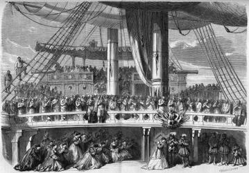 Representação de uma ópera: decoração do 3º ato de "O Africano", baseado num libreto de Eugene Scribe (1791-1861) e uma música de Giacomo Meyerbeer (1791-1864). Episódio do "Angelus" canta no navio. 1865. Gravação em "Le Monde Illustré" n°420 de 2