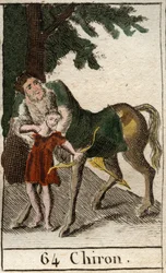 Representação do centauro Quíron, metade homem metade cavalo, mestre da arte do tiro com arco, que ensina esta arte a Aquiles. De «Mitologia de»