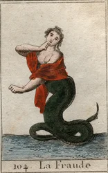 Representação de trapaça (desonestidade), como uma serpente perigosa com uma cabeça de mulher sorridente). De "Mythology of Youth" de Pierre Blanchard 1803.