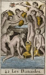 Representação dos Danaides, filhas do Rei Danaos, condenadas ao submundo, enchendo um barril sem fundo, por matarem seus primos e maridos. (Os Danaides, filhas de Danaus (ou Danaos) punidos pelos Deuses no Tártaro para carregar um