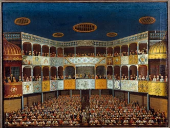 Representação do "Imaginário Malad" de Jean Baptiste Poquelin dit Moliere (1622-1673) no Teatro Minorca em Espanha; vista do salão e do público. Pintura do século XVIII. Paris, Artes Decorativas
