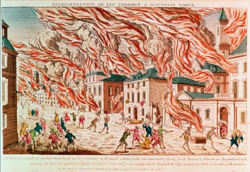 Representação do terrível incêndio de Nova Iorque em 1776 (gravura a cores)