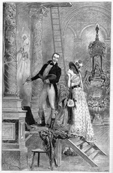 Representação da Tosca, drama de Victorian Sardou no Theatre de la Porte Saint Martin em 1887. Aqui ato 1, a Igreja de Santa Andrea com Dumeny e Henriette Rosine Bernard chamada Sarah Bernhardt (1844-1923)