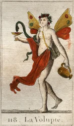 Representação do Volupte, mulher nua coroada de rosas, segura uma taça ou uma cobra desenha um delicioso licor. (A Voluptuosidade (prazer), como uma mulher nua, coroada de rosas, ela segura um copo onde uma cobra bebe um delicioso néctar). Do "Mythol