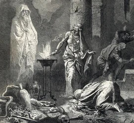 Representação da bruxa de Endor (ou Pythonisa de Endor), uma aldeia cananeia mencionada no primeiro livro de Samuel (Bíblia), que possui um talismã com o qual chama o fantasma do profeta Samuel recentemente falecido, a pedido de Saul, rei de Israel