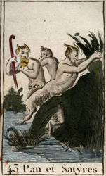 Representação do deus do campo Pan e satyres. Ele tem coxas peludas, pés de cabra, e toca flauta (Syrinx) tem vários canos. (O deus camponês Pan, representado com sátiros, tem pernas peludas e pés de cabra, toca syrinx ou flauta de pan) De "Mythologie de