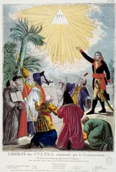 Representação da liberdade de culto de todas as religiões mantida por Napoleão Bonaparte (1769-1821): o Primeiro Cônsul indica o triângulo da Trindade que simboliza Deus, acompanhado pelos representantes de cada religião: bispo católico, um judeu, um