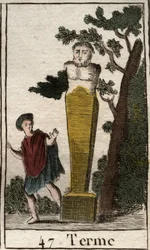 Representação do deus Terme, na forma de um terminal, para marcar possessões e terras. (Representação do deus terminal, em forma de terminal de pedra de terras e possessões). Da "Mitologia da Juventude", de Pierre Blanchard 1803.