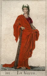 Representação do Deus da Virtude, uma jovem com um rosto franco. (Representação da Virtude, como uma jovem mulher de rosto franco). Da "Mitologia da Juventude", de Pierre Blanchard 1803.