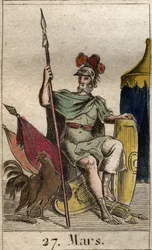 Representação do deus da guerra Marte, arma, perto de um galo. (O deus da guerra Marte armado com um garanhão). Da "Mitologia da Juventude", de Pierre Blanchard 1803.