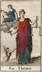 Representação da deusa da Justiça e da Lei, Témis, segurando uma balança e uma espada. (Representação de Témis, deusa da justiça e da lei, vendada e segurando uma balança e uma espada). De «Mitologia da Juventude», de Pierre Blanchard, 1803.