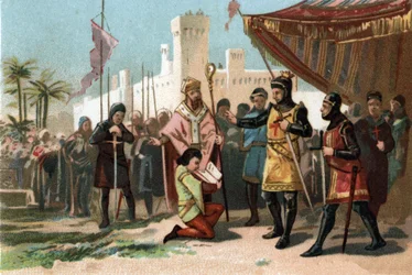 Representação das cartas de Anoblisments postas em prática pelo Rei Filipe III, o Hardi (1270-1285). Cromolitografia por volta de 1890.