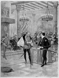 Performance teatral : cena do 4º ato de "Henri III e sua corte" de Alexandre Dumas (1802-1870) na Comédie Francaise de Paris