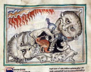 Representações das criaturas do submundo vencendo as maldições Miniatura extraída do "Apocalipse de Cambrai" iluminada pela escola francesa do século XIII. Ms. 422. Biblioteca Municipal de Cambrai