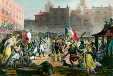 Retorno de Napoleão Bonaparte (1769-1821) da Ilha Elba para Grenoble em março de 1815. Gravura por volta de 1815 Coleção particular