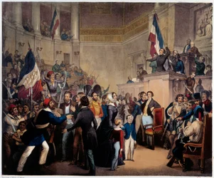 Revolução de 1848. A Duquesa de Orleans aparece na Casa dos Deputados (Assembleia Nacional) com seus filhos para obter a Regência (24 de fevereiro de 1848).