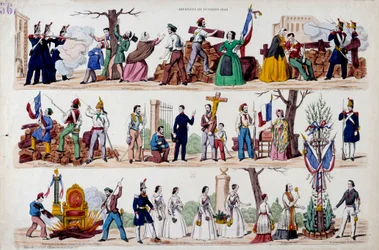 Revolução de Fevereiro de 1848: os grandes momentos da Revolução de 23 de Fevereiro, as barricadas, depois a confraternização entre soldados, trabalhadores e burgueses, a destruição dos símbolos do poder de Luís Filipe I (Luís-Filipe) e finalmente a