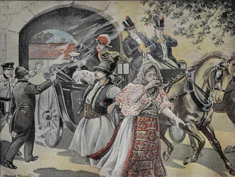 Ataque revólver contra Milan Obrenovich (1854-1901) ex-rei da Sérvia (1882 a 1889) em 7 de julho de 1899, nas ruas de Sófia. Gravura em "Le Pelerin" 23/07/1899.