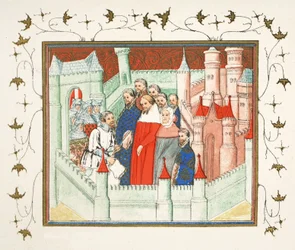 Richard II em Flint Castle, onde foi entregue prisioneiro para Bolingbroke, seu rival para o trono, cópia fac-símile de Le Prinse et Mort du Roy Richart por Jean Creton, reimpresso do século 19 (cor