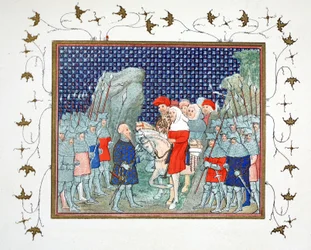 Richard II traiu em Penmaur Rhos e foi feito prisioneiro pelo duque de Northumberland, cópia fac-símile de Le Prinse et Mort du Roy Richart por Jean Creton, reimpresso do século XIX