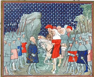 Richard II traiu em Penmaur Rhos e foi feito prisioneiro pelo duque de Northumberland, cópia fac-símile de Le Prinse et Mort du Roy Richart por Jean Creton, reimpresso do século XIX