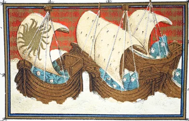 Richard IIs e sua frota de desembarque Milford Haven, cópia fac-símile de Le Prinse et Mort du Roy Richart por Jean Creton, reimpresso do século XIX