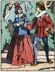 Riquet apresenta-se novamente à princesa. Ilustração de "Riquet a la houppe", conto de Charles Perrault (1628-1703), escritor francês. Gravura em madeira de "Imaging Pellerin" - Epinal, sd. Final do século XIX.