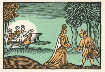 Riquet com o Tuft, de Histórias ou contos de tempos passados contada por Mãe Goose, com moral, por M Perrault, pub. 1925 (impressão em xilogravura colorida à mão)