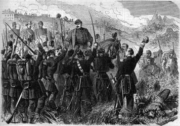 Risorgimento - Batalha de Montebello della Battaglia (Itália), 21 de Maio de 1859: O general francês Elie Frederic Forey (1804 - 1872), comandante do exército italiano, foi triunfado pelos seus soldados após a sua vitória sobre o exército austríaco. Gravur