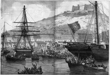 Risorgimento, Nápoles, 21 de outubro de 1860: votação da marinha sobre a ligação da cidade ao Reino da Itália. Gravura no "Le Monde Illustré" n°186 de 3 de Novembro de 1860.