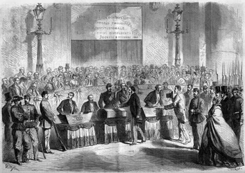 Risorgimento, Nápoles, 21 de Outubro de 1860: voto da população na igreja de Saint François de Paule sobre a ligação da cidade ao Reino de Itália. Gravura no "Le Monde Illustré" n°188 de 17 de Novembro de 1860.