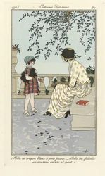Vestido de crepe branco com bolinhas amarelas - vestido de menina em tecido escocês vermelho-cereja e verde, de Costumes Parisiens, publicado em 1913
