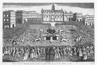 Robert-François Damiens executado na Place de Grève, Paris, 28 de março de 1757