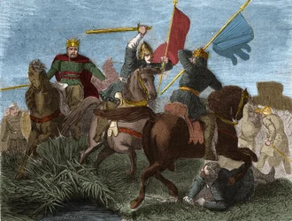 Robert I da França (865-923), coroado Rei dos Francos em 922, morto pelo soldado de Carlos III: Gravura no "Histoire de France populaire" de Henri Martin. Século XIX.