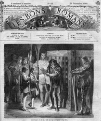 Série romana: "Notre Dame de Paris" de Victor Hugo (1802-1885). O rei inspeciona a gaiola. Gravação em "Les bons romances".