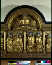 Arte românica: retábulo do Pentecostes: frontal de altar em madeira, cobre e esmalte. Pormenor. Proveniente de Stavelot (Mosa). Cerca de 1160-1170. Paris, Museu Nacional da Idade Média, Termas de Cluny