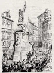 Rouen: membros da Liga dos Patriotas em frente à estátua de Joana d