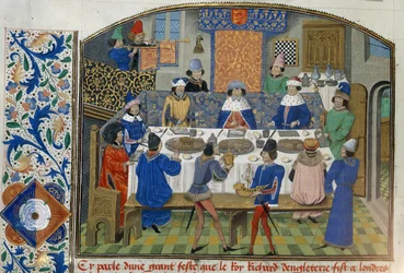 Roy 14 E IV fol.265v, Os duques de York, Gloucester e Irlanda jantam com Ricardo II, vol. III «Da Coroação de Ricardo II até 1387», por Jean de Bâtard Wavrin