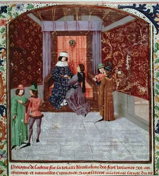 Roy 15 E IV f.14 Eduardo IV recebendo o livro do autor, de Old Chronicles of England, de Jean Batard de Wavrin, c.1470-80 (velino)