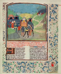 Roy 17 FI f.198 Alexandre, o Grande, dirigindo-se a seus homens na esperança de persuadi-los a continuar na Índia, de Quinte Curse Ruffe des Fais du Grant Alexandre, c.1468 (velino)