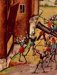Roy 17 f.1 Soldados armados com canhões de mão sitiando um castelo, de Quinte Curse Ruffe des Fais du Grant Alexandre, c.1468 (velino)