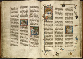 Royal 14 E. III, ff.88v-89 Lancelot retirando a cabeça do seu avô decapitado, o rei, de um poço a ferver; um edifício a ruir em dois cavaleiros. À direita, miniatura de Arthur e Guinevere sentados num banquete, da "Estoire del Saint Graal",