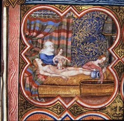 Royal 16 G VII fol.219 The Birth of Julius Caesar (101-44 BC) (vellum)