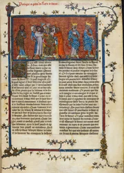 Royal 16 G. VI, f.3 A coroação de Faramundo, ilustração das «Chroniques de France», c. 1332