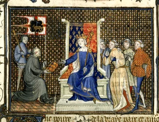 Royal 20 B. VI, f.2 Apresentação a Ricardo II, do "Tratado dirigido ao Rei Ricardo II de Inglaterra" por Maizi