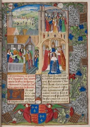 Royal 20 E. V, f.8 Coroação de Carlos VII, cenas das «Chroniques de France ou de Saint Denis», 1487
