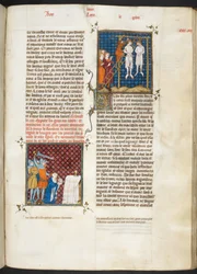 Royal MS 16 G. VI, f.306r, Assassinato de Carlos, conde da Flandres, por enforcamento (Luís VI, livro 20), de Les Grandes Chroniques de France