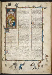 Royal Ms 14 e III f.140r Henry II de Inglaterra com escriba, ilustração de "Estoire del Saint Graal, La Queste del Saint Graal, Morte Artu", c.1315-25 (vellum)